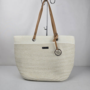 Amiani Cream Woven Jute Blend Tote Bag Tan Handles Logo Charm