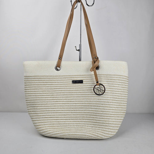 Amiani Cream Woven Jute Blend Tote Bag Tan Handles Logo Charm