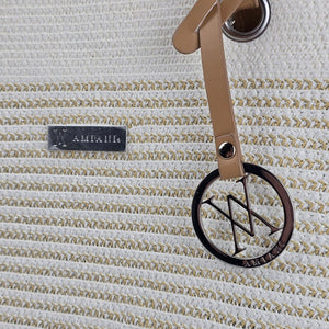 Amiani Cream Woven Jute Blend Tote Bag Tan Handles Logo Charm