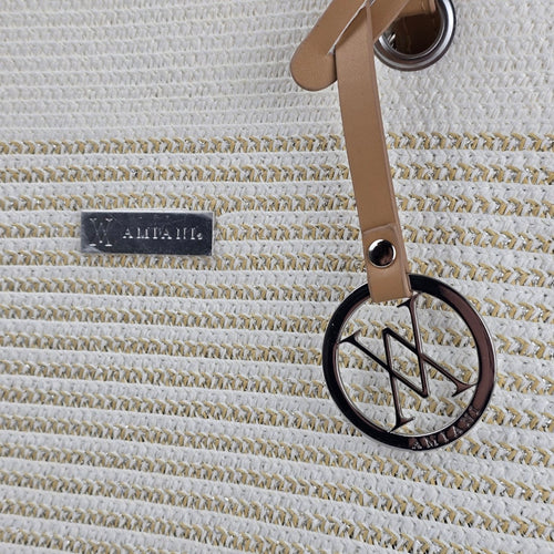 Amiani Cream Woven Jute Blend Tote Bag Tan Handles Logo Charm