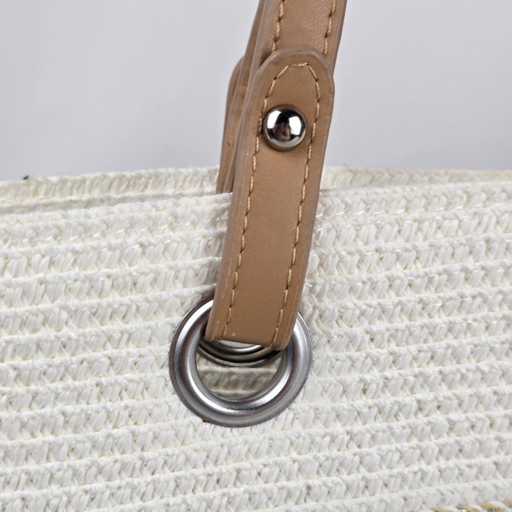Amiani Cream Woven Jute Blend Tote Bag Tan Handles Logo Charm