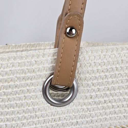Amiani Cream Woven Jute Blend Tote Bag Tan Handles Logo Charm