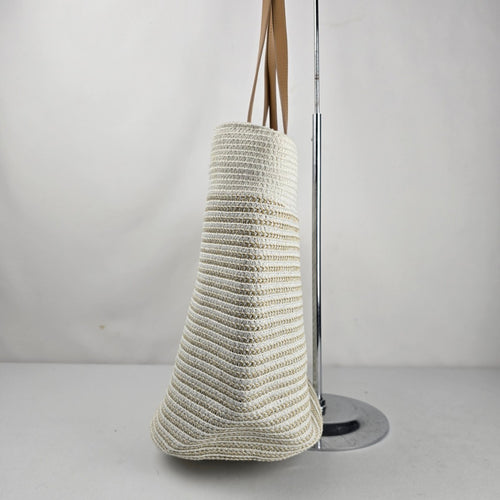 Amiani Cream Woven Jute Blend Tote Bag Tan Handles Logo Charm