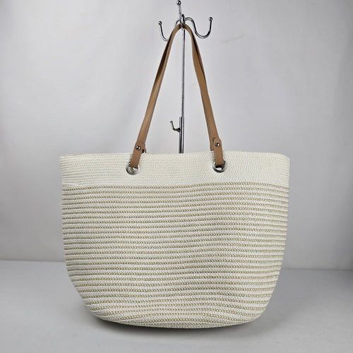Amiani Cream Woven Jute Blend Tote Bag Tan Handles Logo Charm