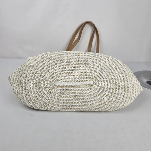 Amiani Cream Woven Jute Blend Tote Bag Tan Handles Logo Charm