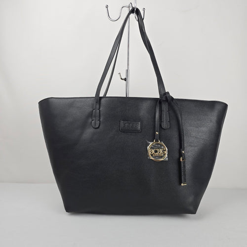 BCBG Paris Black Pebbled Tote Bag Gold Hardware Logo Charm Zip Top
