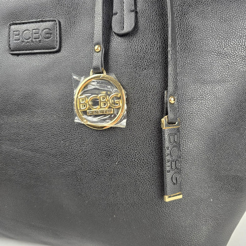 BCBG Paris Black Pebbled Tote Bag Gold Hardware Logo Charm Zip Top