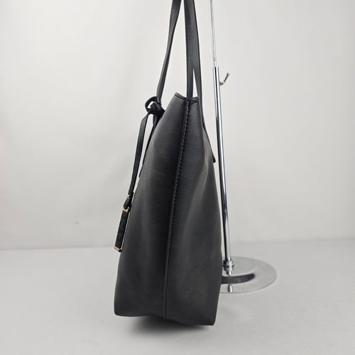 BCBG Paris Black Pebbled Tote Bag Gold Hardware Logo Charm Zip Top