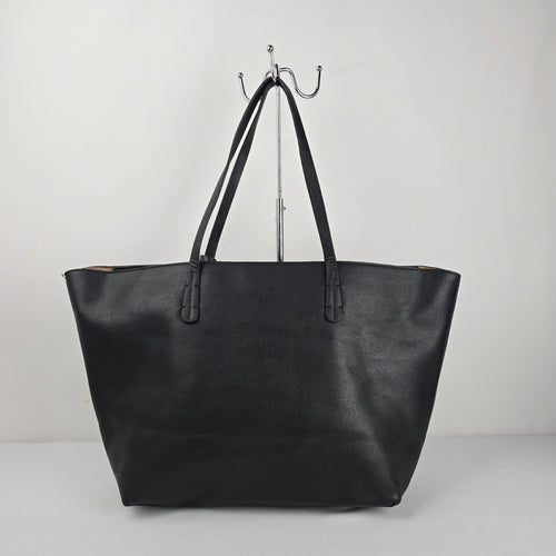 BCBG Paris Black Pebbled Tote Bag Gold Hardware Logo Charm Zip Top