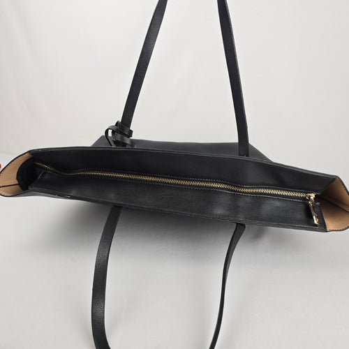BCBG Paris Black Pebbled Tote Bag Gold Hardware Logo Charm Zip Top