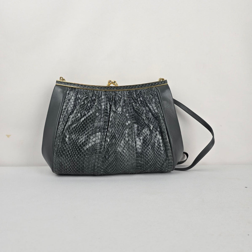 Vintage Gray Leather and Snakeskin Kiss-Lock Clutch Purse Bag