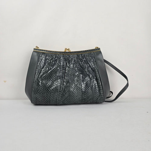 Gray Leather and Snakeskin Kiss-Lock Clutch Purse Bag