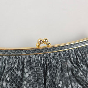 Vintage Gray Leather and Snakeskin Kiss-Lock Clutch Purse Bag