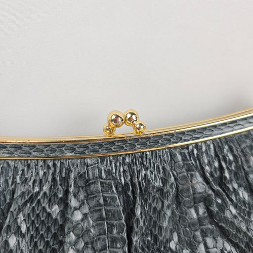 Gray Leather and Snakeskin Kiss-Lock Clutch Purse Bag