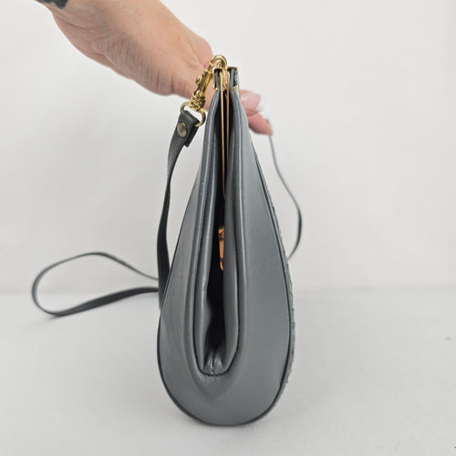 Gray Leather and Snakeskin Kiss-Lock Clutch Purse Bag