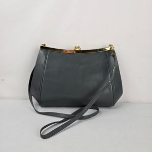 Vintage Gray Leather and Snakeskin Kiss-Lock Clutch Purse Bag