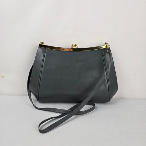 Gray Leather and Snakeskin Kiss-Lock Clutch Purse Bag