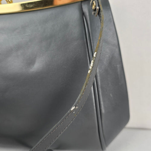 Gray Leather and Snakeskin Kiss-Lock Clutch Purse Bag