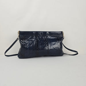 Vintage Navy Leather Snakeskin-Textured Crossbody Clutch Bag