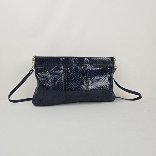 Vintage Navy Leather Snakeskin-Textured Crossbody Clutch Bag