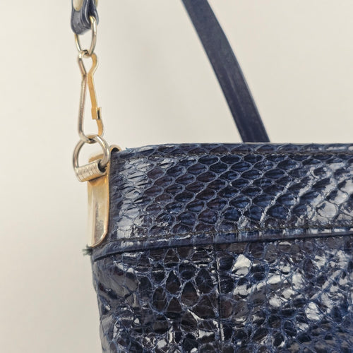 Vintage Navy Leather Snakeskin-Textured Crossbody Clutch Bag
