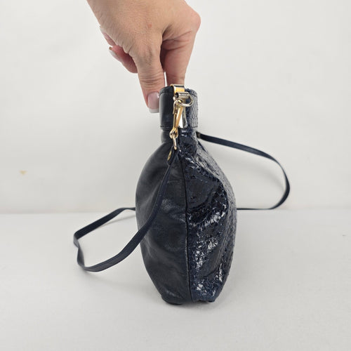 Vintage Navy Leather Snakeskin-Textured Crossbody Clutch Bag