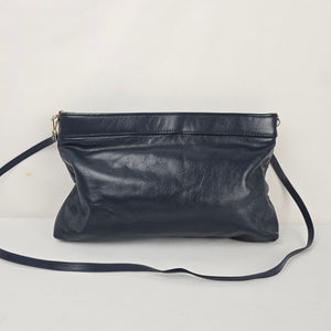 Vintage Navy Leather Snakeskin-Textured Crossbody Clutch Bag
