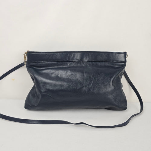 Vintage Navy Leather Snakeskin-Textured Crossbody Clutch Bag
