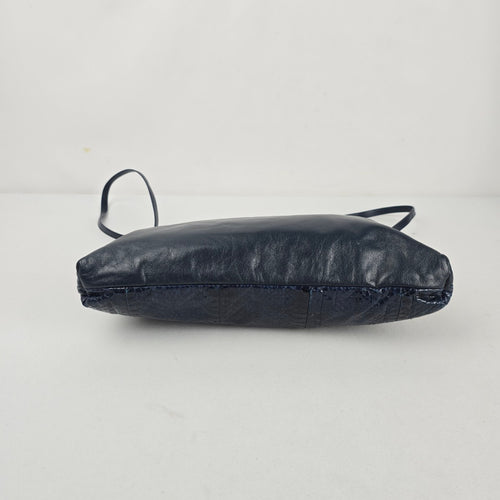 Vintage Navy Leather Snakeskin-Textured Crossbody Clutch Bag