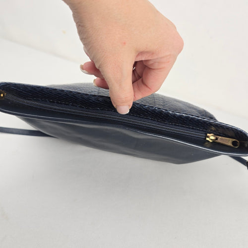 Vintage Navy Leather Snakeskin-Textured Crossbody Clutch Bag
