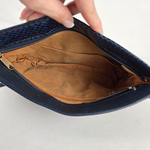 Vintage Navy Leather Snakeskin-Textured Crossbody Clutch Bag