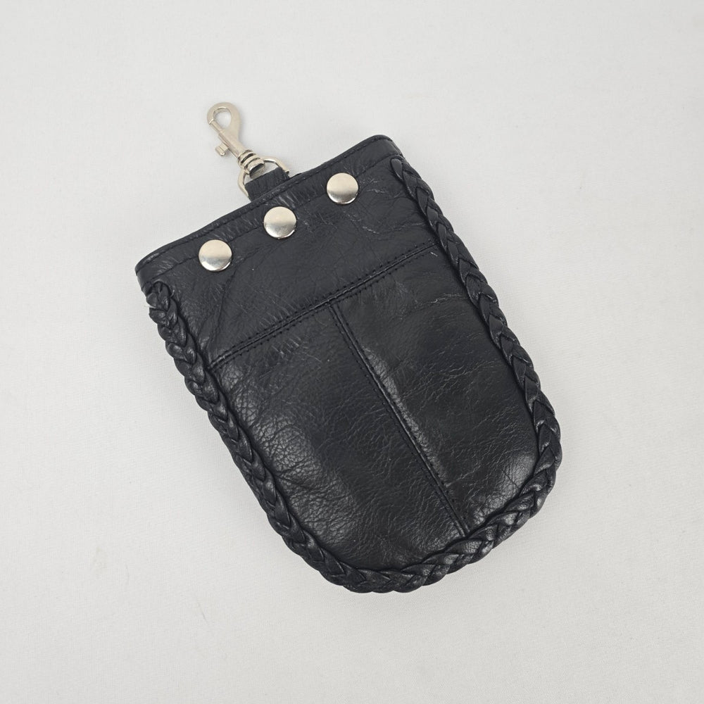 Vintage Moto Black Leather Clip-On Utility Pouch with Braided Trim