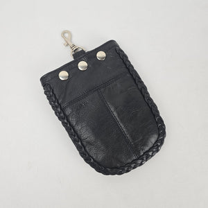 Vintage Moto Black Leather Clip-On Utility Pouch with Braided Trim