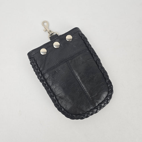 Vintage Moto Black Leather Clip-On Utility Pouch with Braided Trim