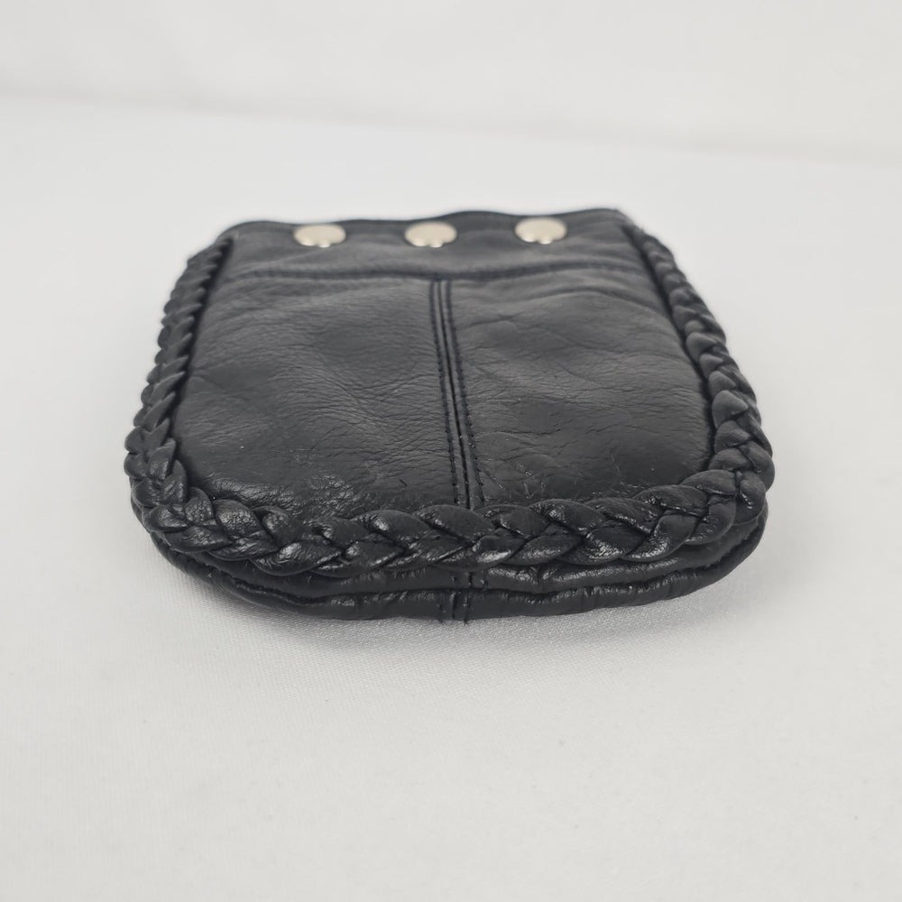 Vintage Moto Black Leather Clip-On Utility Pouch with Braided Trim