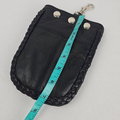 Vintage Moto Black Leather Clip-On Utility Pouch with Braided Trim