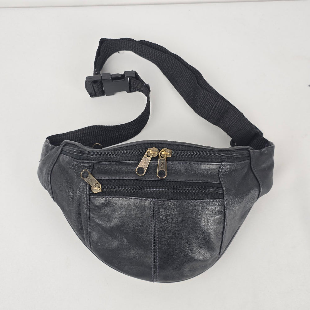 Vintage Black Genuine Leather Fanny Pack Waist Bag