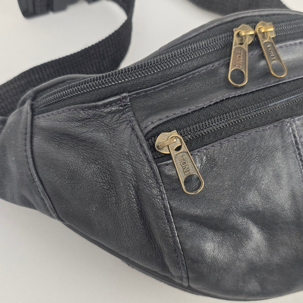 Vintage Black Genuine Leather Fanny Pack Waist Bag