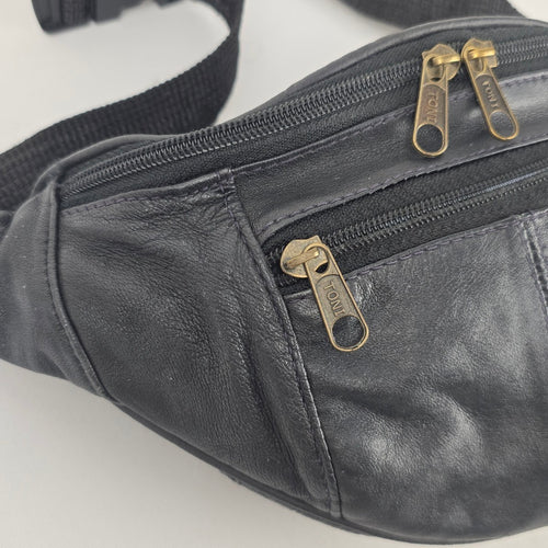 Vintage Black Genuine Leather Fanny Pack Waist Bag