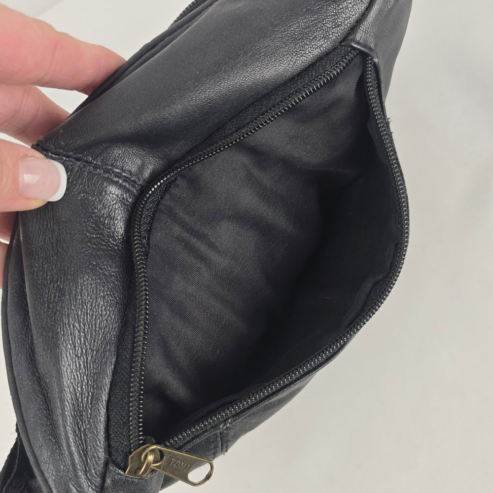 Vintage Black Genuine Leather Fanny Pack Waist Bag