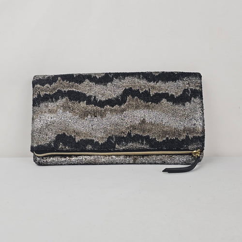 Stella & Dot Metallic Black Gold Foldover Zip Clutch Bag