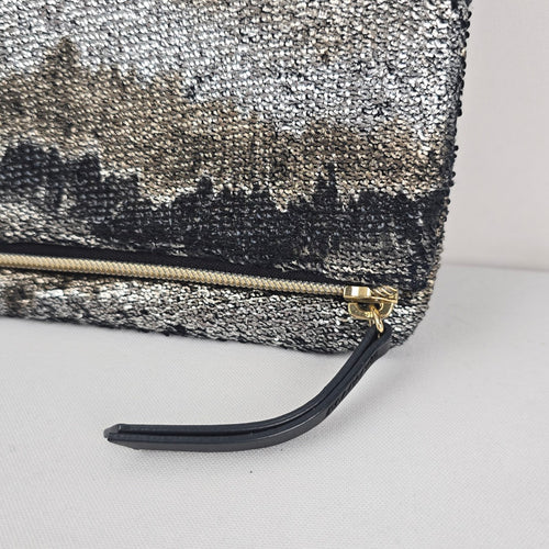 Stella & Dot Metallic Black Gold Foldover Zip Clutch Bag