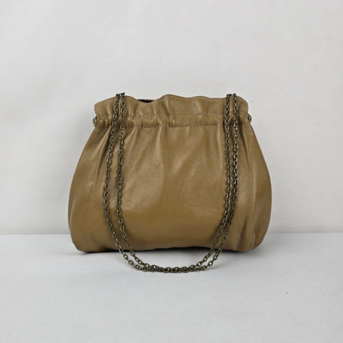 Tan Leather Chain Strap Kiss-Lock Clutch Bag Vintage Purse