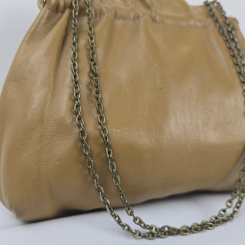 Tan Leather Chain Strap Kiss-Lock Clutch Bag Vintage Purse