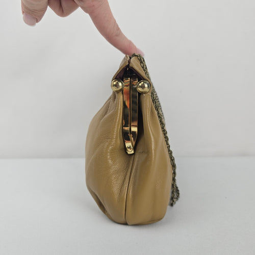 Tan Leather Chain Strap Kiss-Lock Clutch Bag Vintage Purse