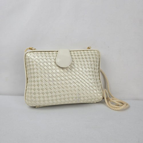 Vintage Cream Woven Hard Clutch Purse with Braided Strap
