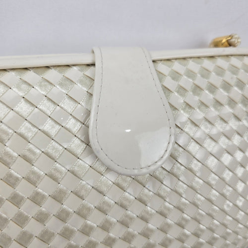 Vintage Cream Woven Hard Clutch Purse with Braided Strap