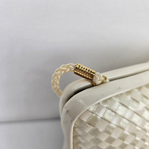 Vintage Cream Woven Hard Clutch Purse with Braided Strap