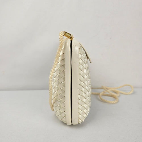 Vintage Cream Woven Hard Clutch Purse with Braided Strap