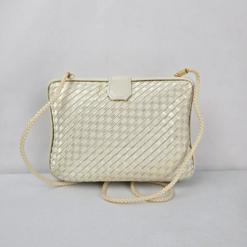 Vintage Cream Woven Hard Clutch Purse with Braided Strap